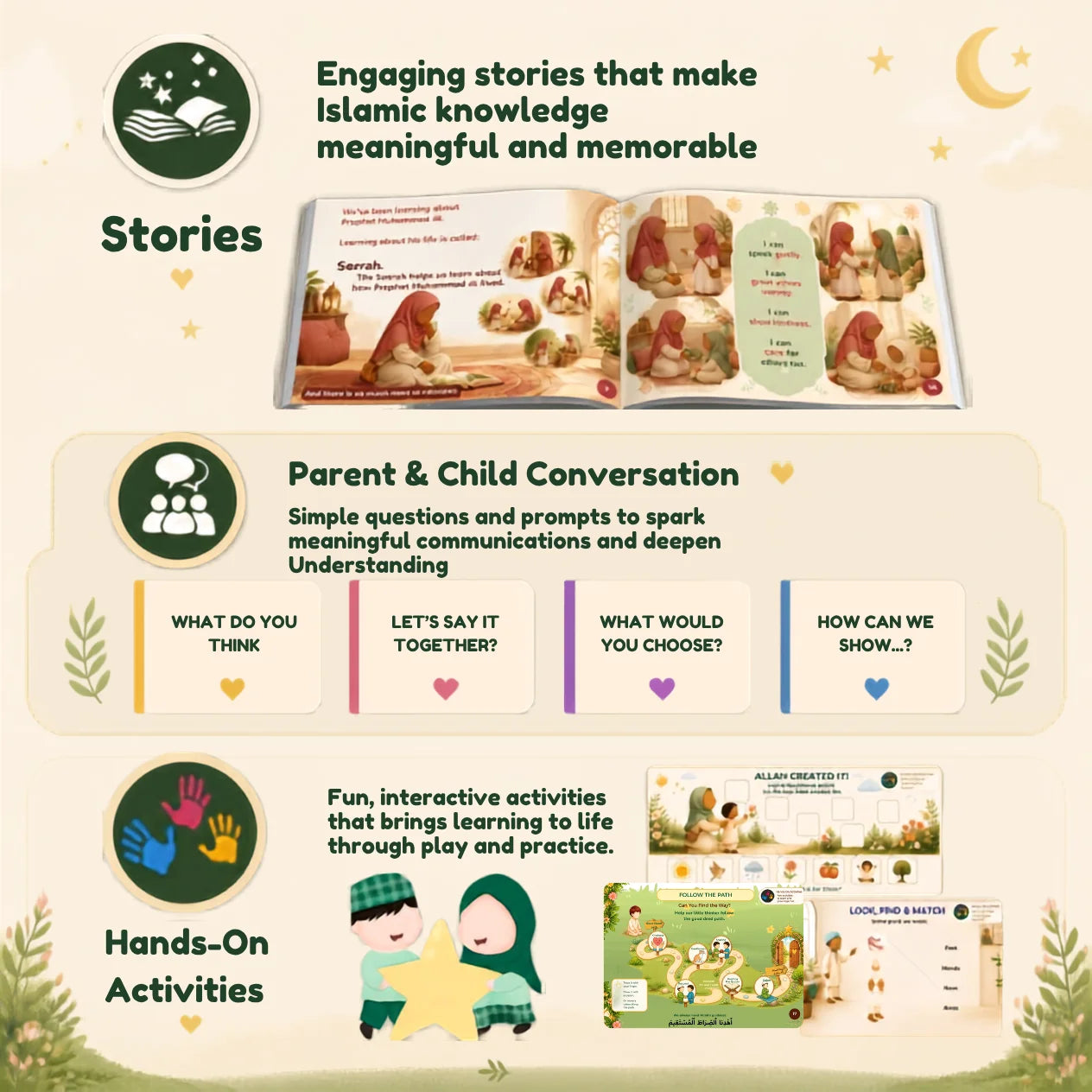 What makes Rooted Imaan different: engaging stories, parent & child conversation prompts, and hands-on activities