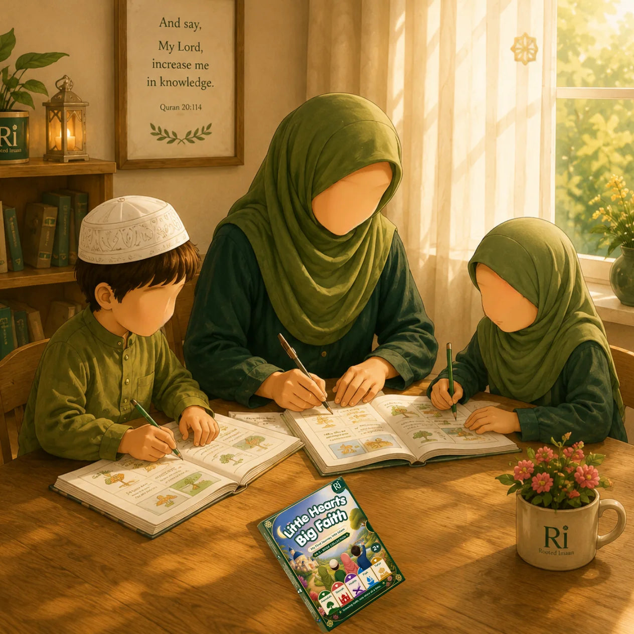 A mother and her two children writing together in their Little Hearts, Big Faith journals