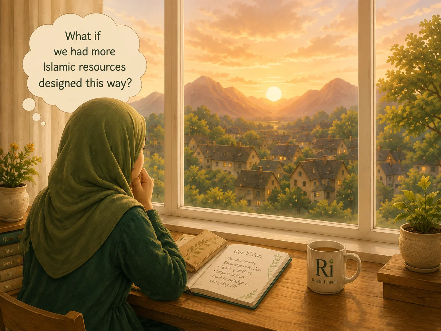 Umm Zahra looking out at a sunset, dreaming up Rooted Imaan's vision