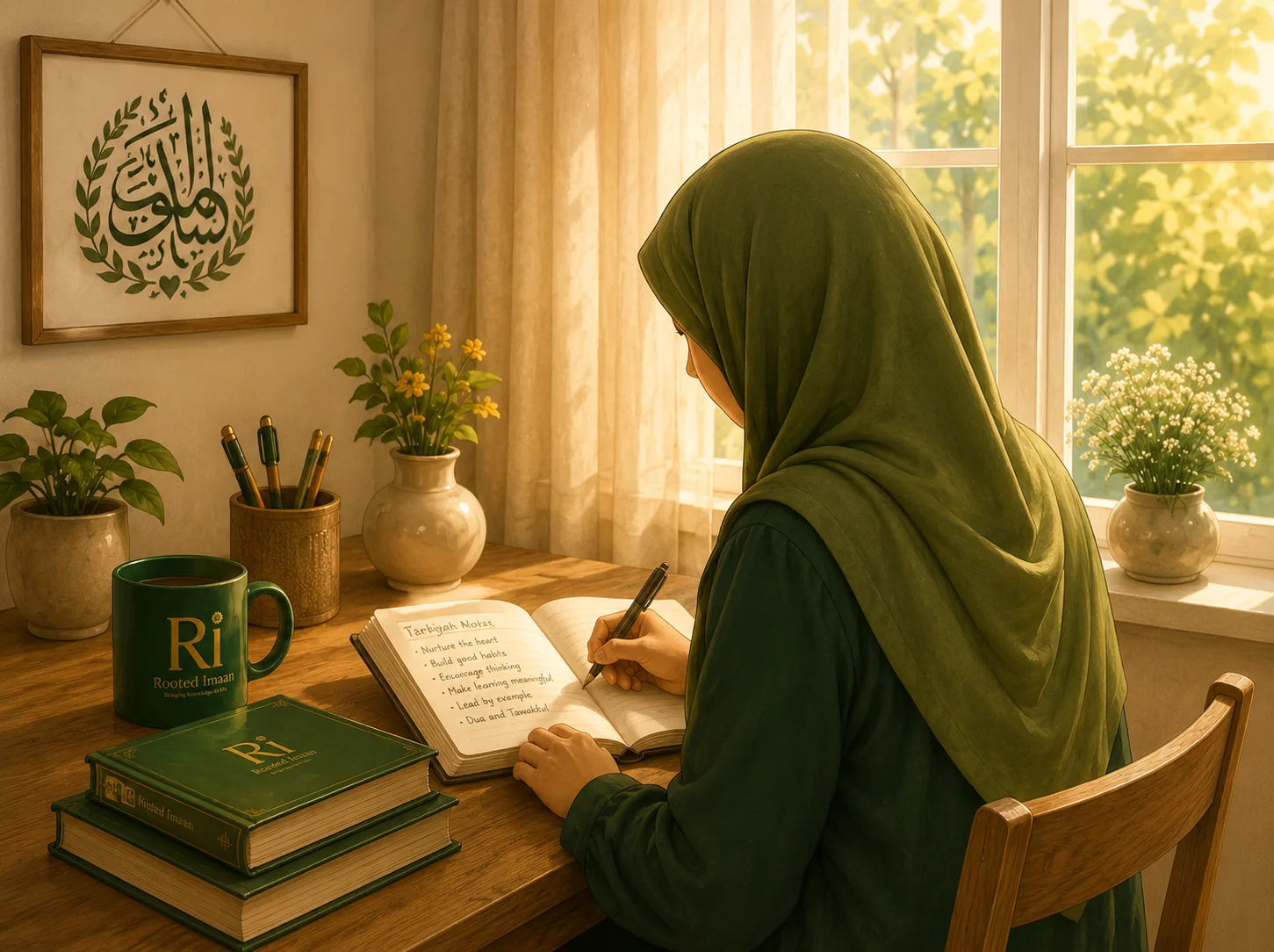 Umm Zahra writing in her Tarbiyah notes journal, surrounded by Rooted Imaan books